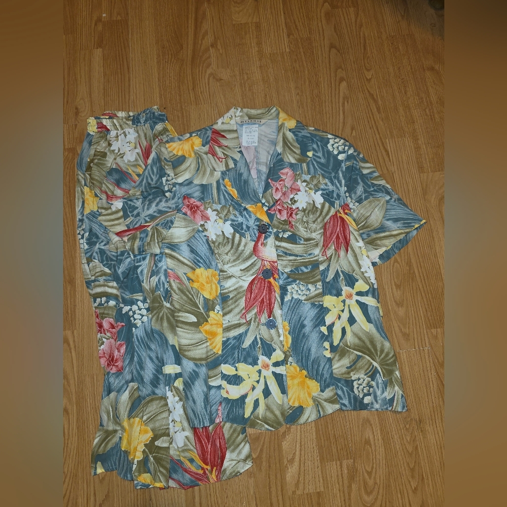 Vtg Melrose Tropical Print Skirt Set Button Up Top Midi Resort Wear Vacation 10